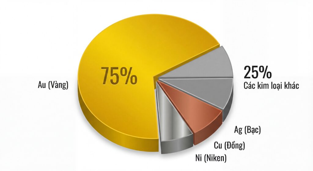 Biểu đồ tròn thể hiện tỷ lệ 75% Au và 25% các kim loại khác (Ag, Cu, Ni)