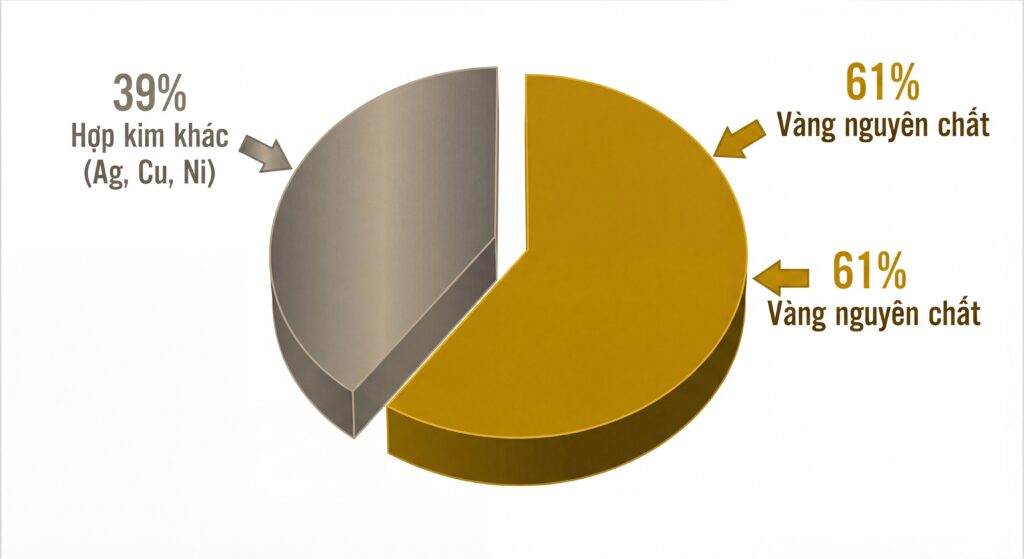 Biểu đồ tròn thể hiện tỷ lệ 61% vàng nguyên chất và 39% hợp kim trong vàng tây 610
